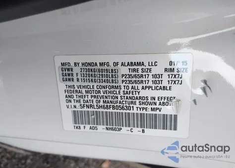 2015 Honda Odyssey Ex-L z USA, uszkodzony, nr VIN 5FNRL5H68FB056301